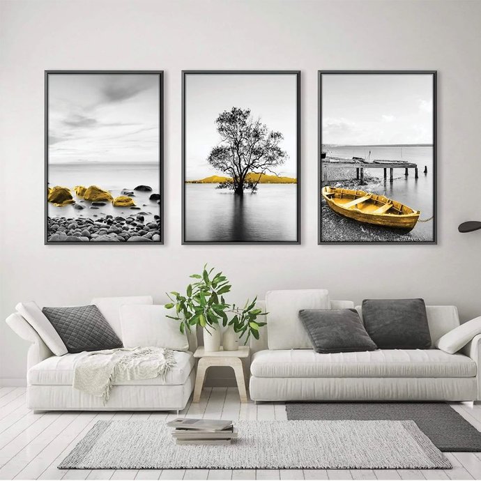 quadro decorativo yellow splash kit de 3 telas artnaribrasil kit com 3 quadros 40x20 cm cada moldura preta 611144 2