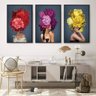 quadro decorativo bouquet woman de 3 telas artnaribrasil kit com 3 quadros 40x20 cm cada moldura preta 832669