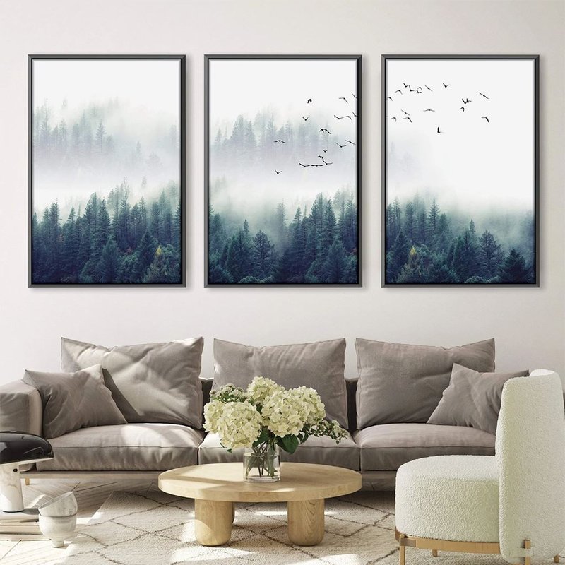 quadro decorativo forest landscape kit de 3 telas artnaribrasil kit com 3 quadros 40x20 cm cada moldura preta 102602