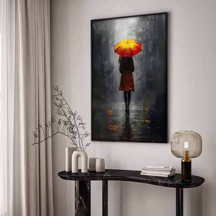 1 quadro mulher e guarda chuva preto