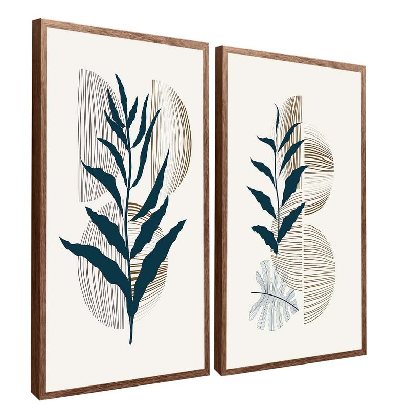 quadro 2 pecas floral e linhas madeira