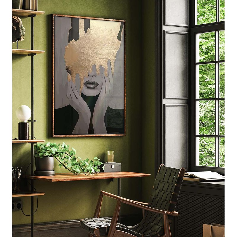 1 quadro mulher em tela dourada madeira