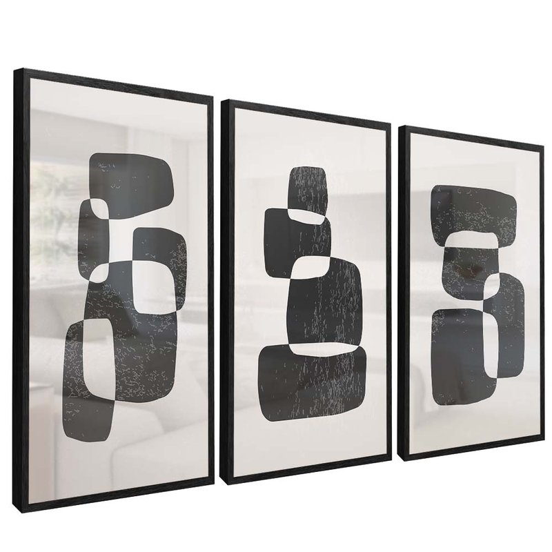 quadro 3 pecas formas abstratas preto reflexo