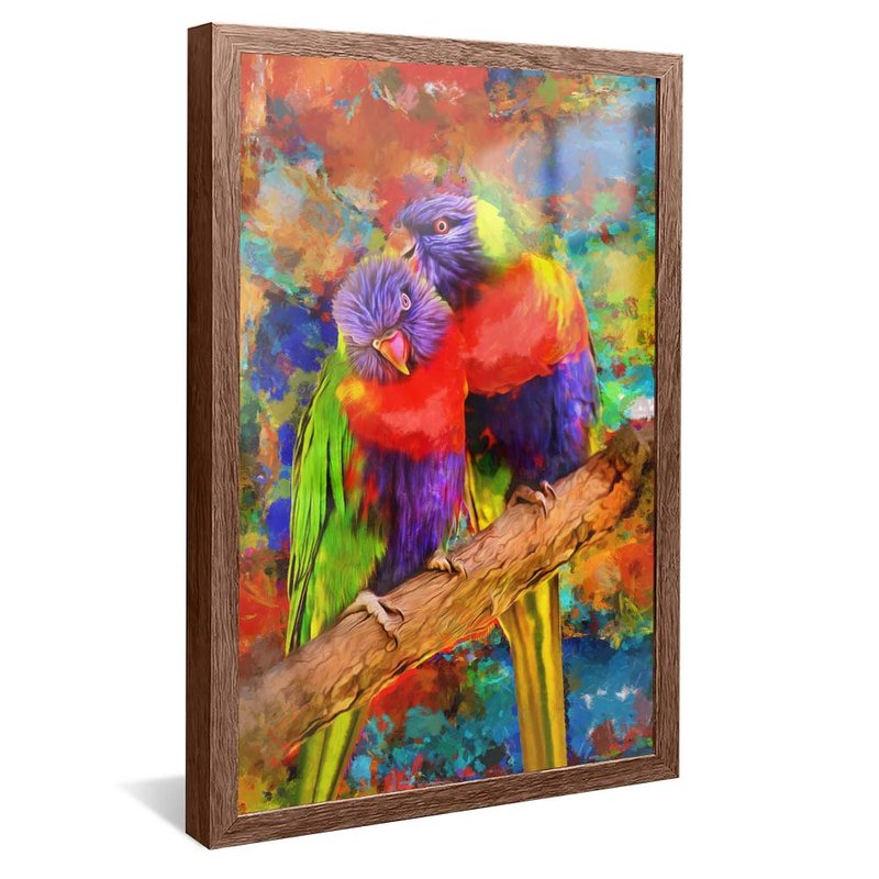 quadro canarinhos coloridos madeira reflexo