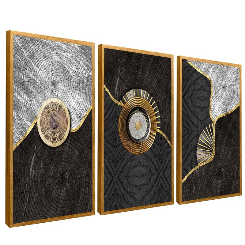 quadro simbolos abstratos madeira dourado