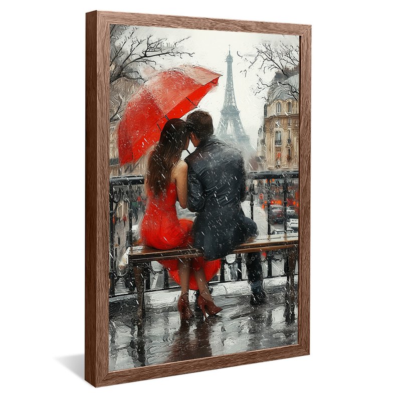 quadro decorativo casal na chuva em paris v1104 moldura de madeira