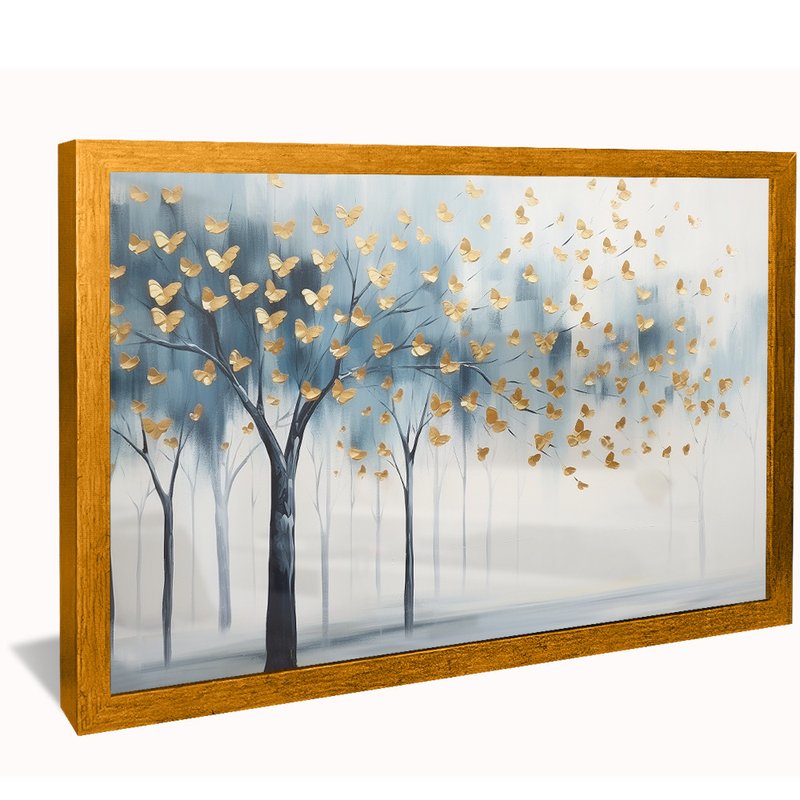 quadro decorativo arvore tons azuis com borboletas v80 moldura dourada com vidro