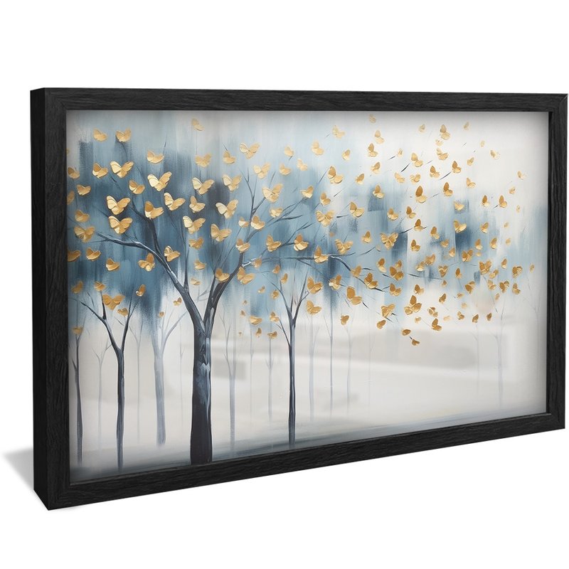 quadro decorativo arvore tons azuis com borboletas v80 moldura preta com vidro