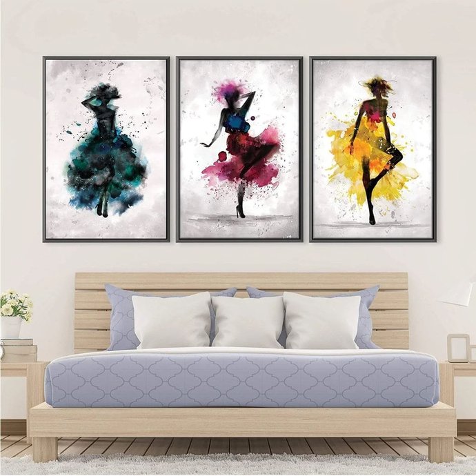quadro decorativo abstrato aquarela bailarina kit de 3 telas moldura preta