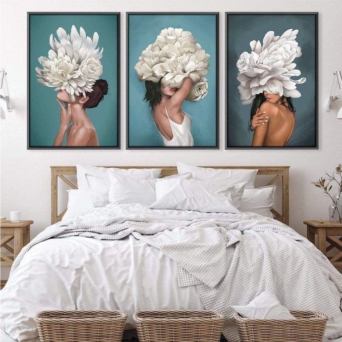 quadro decorativo mulheres elegante kit de 3 telas moldura preta