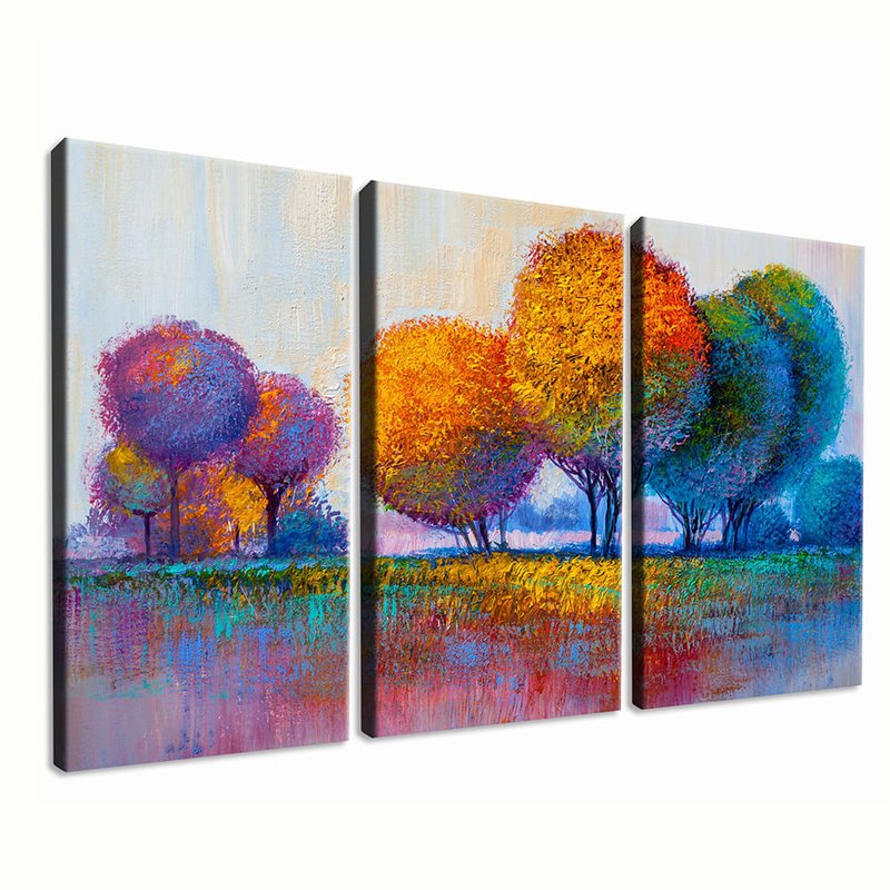 quadro decorativo pintura arvores coloridas kit 3 telas borda infinita