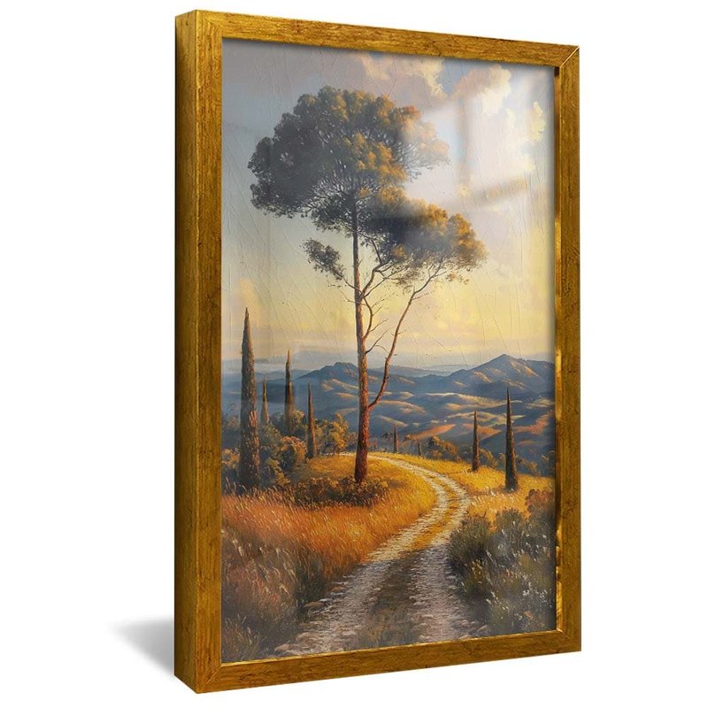 quadro decorativo pintura caminho no campo v1821 moldura dourada com vidro