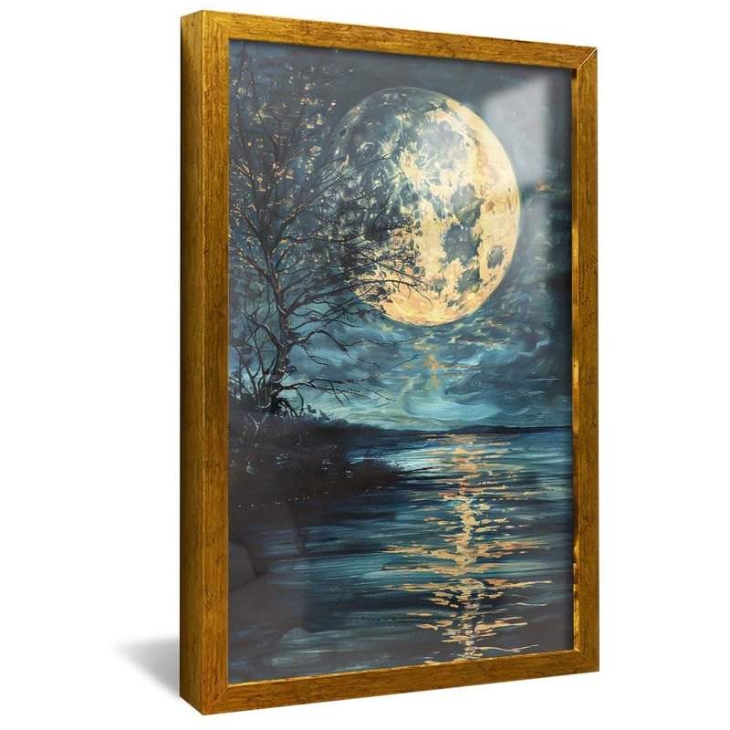 quadro decorativo pintura lago e lua v1771 moldura dourada com vidro