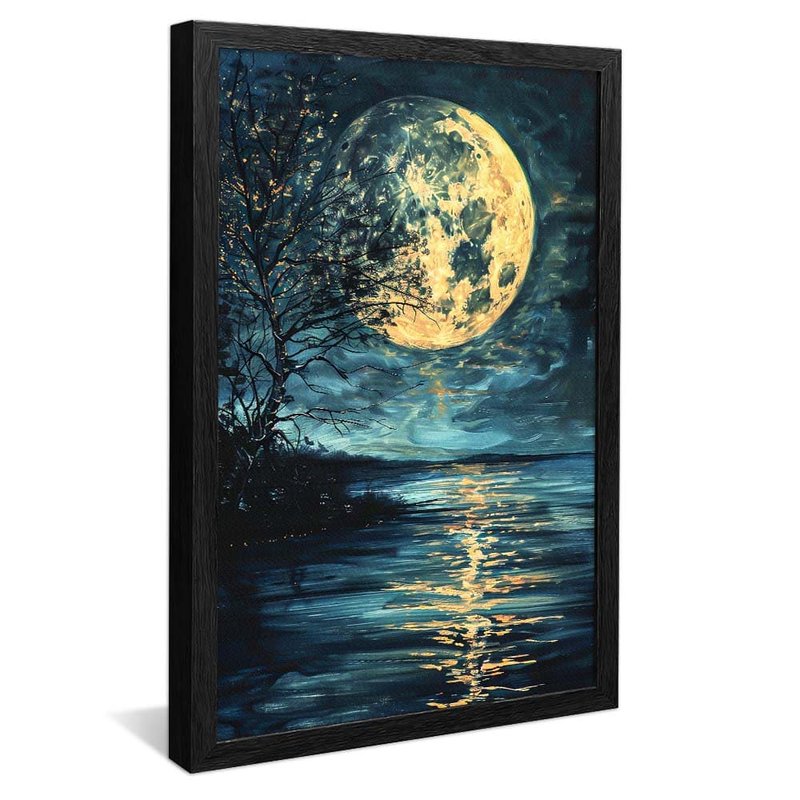 quadro decorativo pintura lago e lua v1771 moldura preta