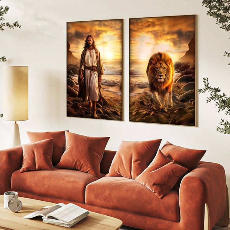 quadros decorativo jesus e leao na praia v1575 02