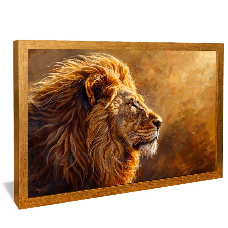 quadro decorativo leao imponente v1594 moldura dourada