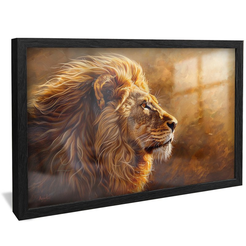 quadro decorativo leao imponente v1594 moldura preta com vidro