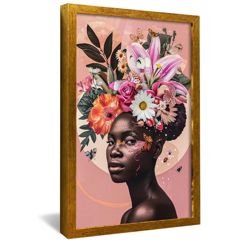 quadro retrato mulher usando floral dourado