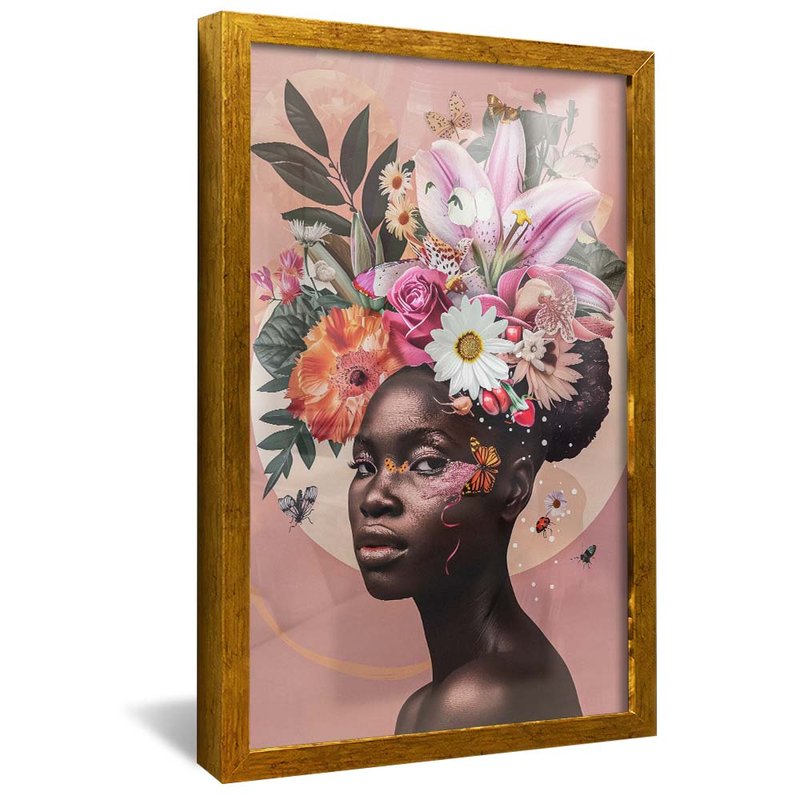 quadro retrato mulher usando floral dourado reflexo
