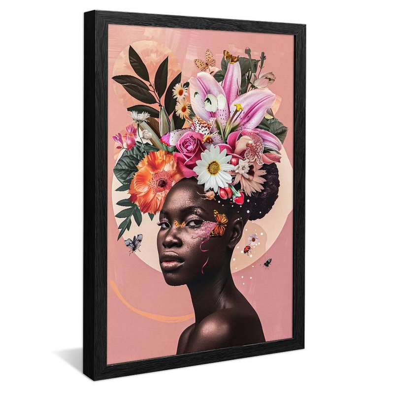 quadro retrato mulher usando floral preto