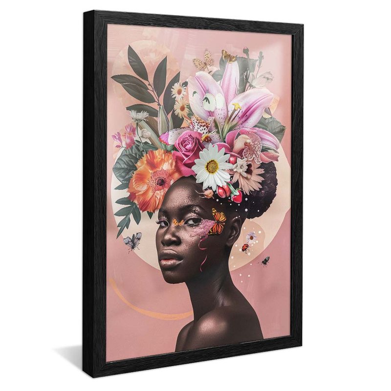 quadro retrato mulher usando floral preto reflexo