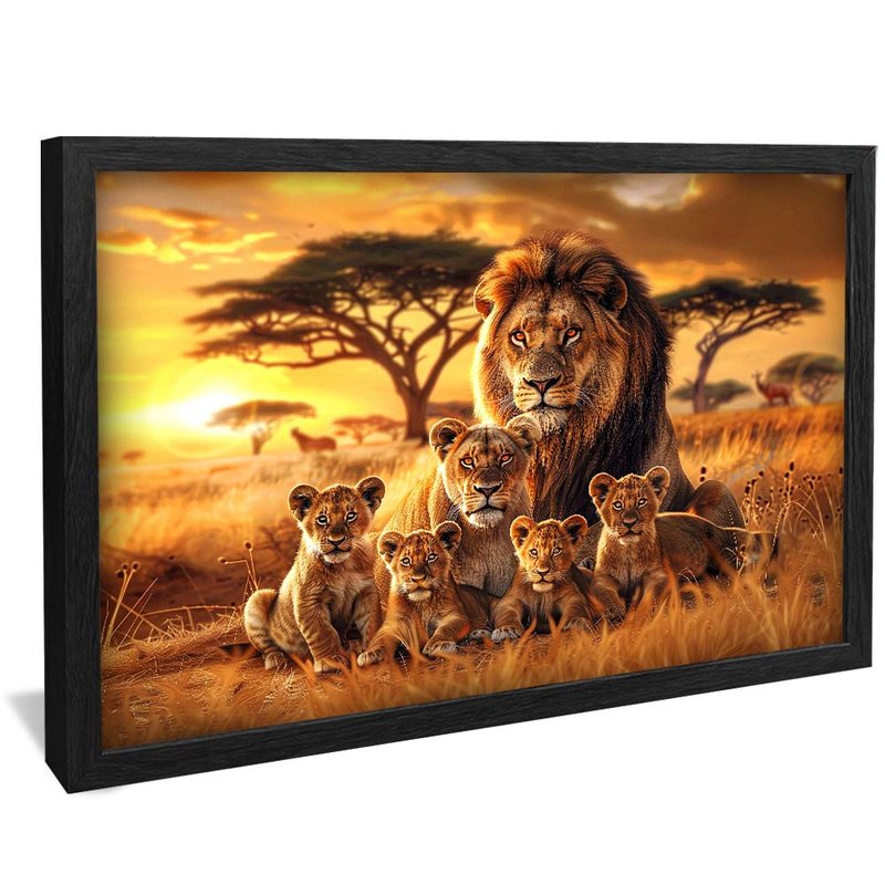 quadro familia leoes na savanna preto