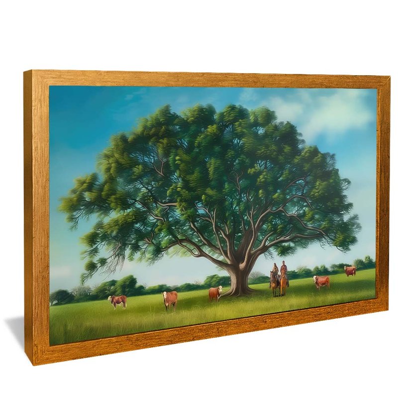 quadro pintura arvore e campo dourado
