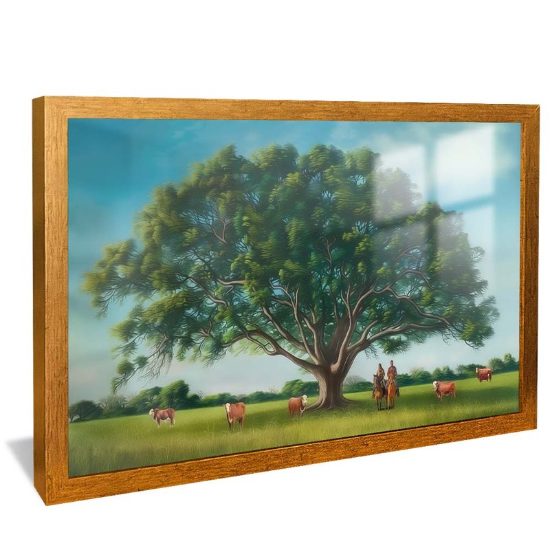 quadro pintura arvore e campo dourado reflexo