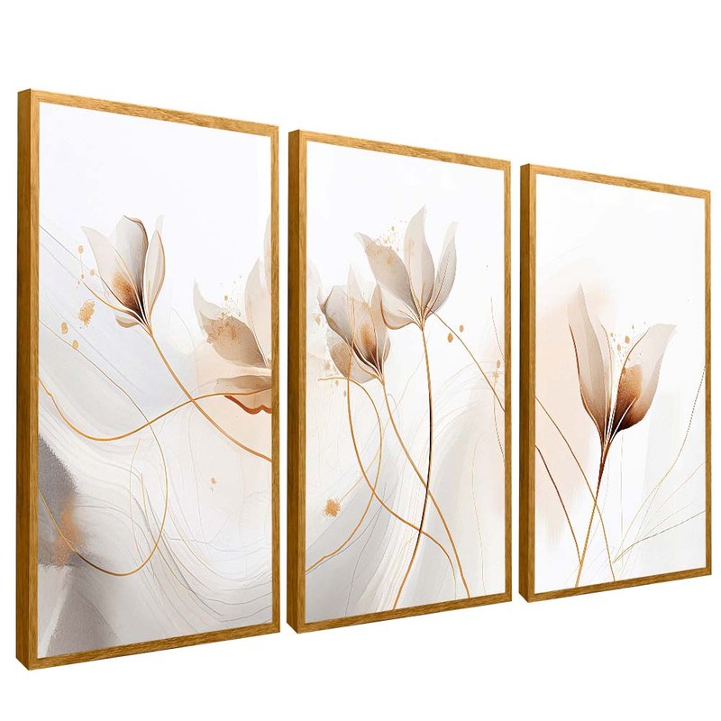 quadro trio floral branco dourado