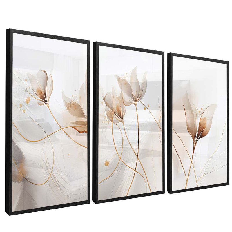 quadro trio floral branco preto reflexo