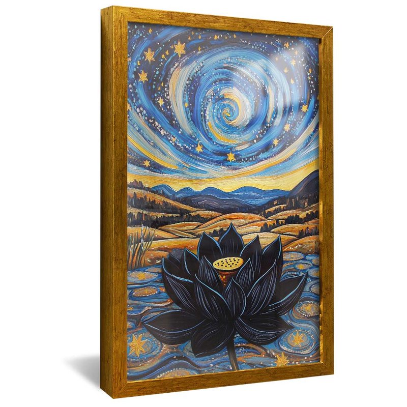 quadro pintura flor de lotus negra dourado reflexo