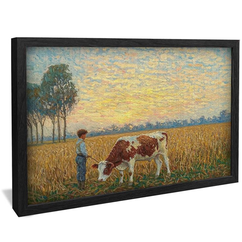 quadro pintura em oleo menino e pasto preto