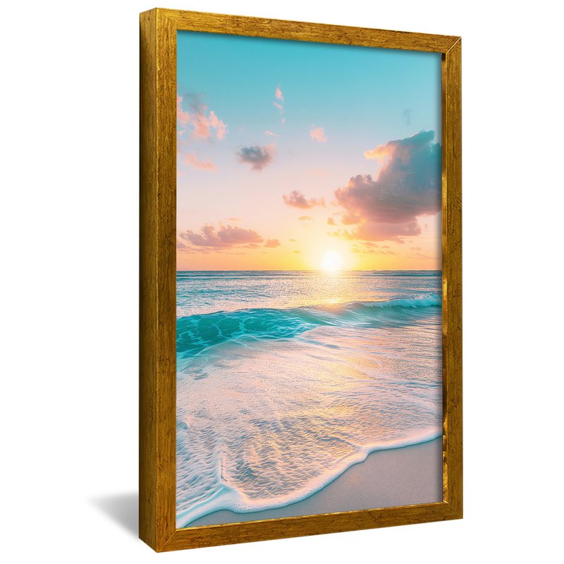 quadro mar no por sol dourado