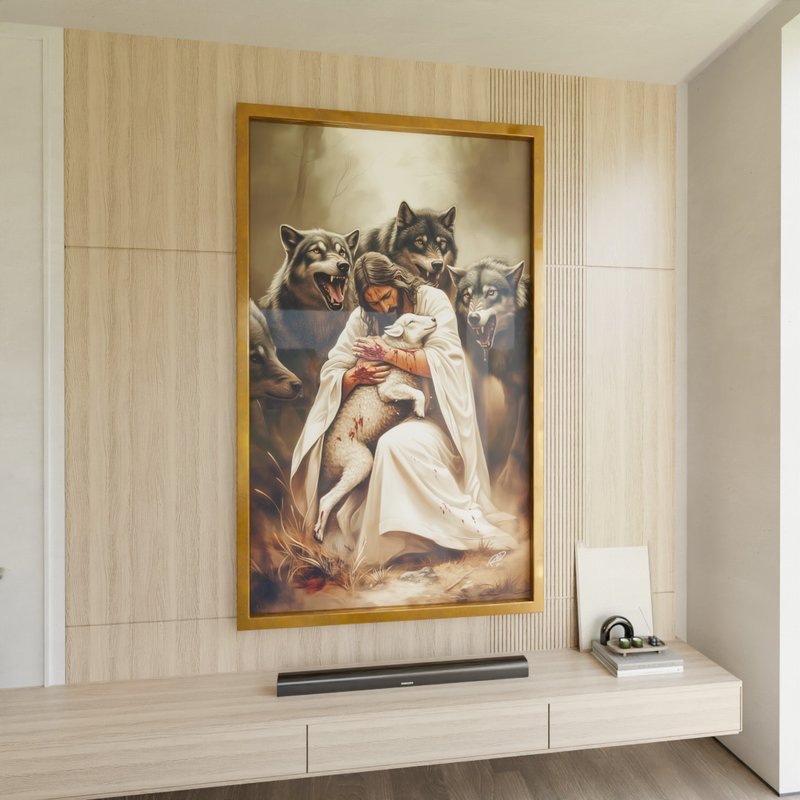 2 quadro jesus protegendo cordeiro dourado