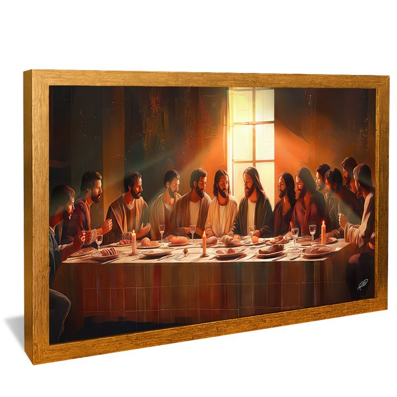 quadro santa ceia tons neutros perspectiva dourado