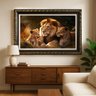 quadro familia de leoes com 2 filhotes com cenario