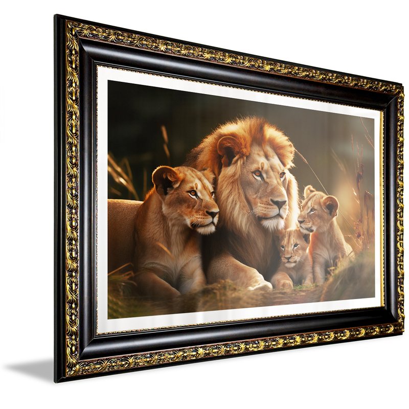 quadro familia de leoes com 2 filhotes com vidro